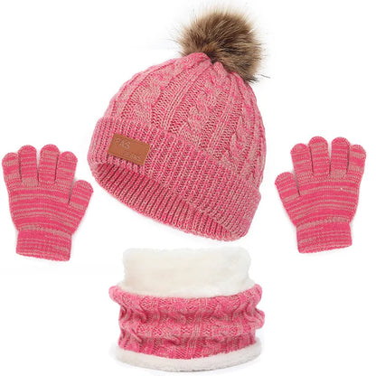 Solid color acrylic beanie, scarf, and gloves for kids, ideal for chilly days.