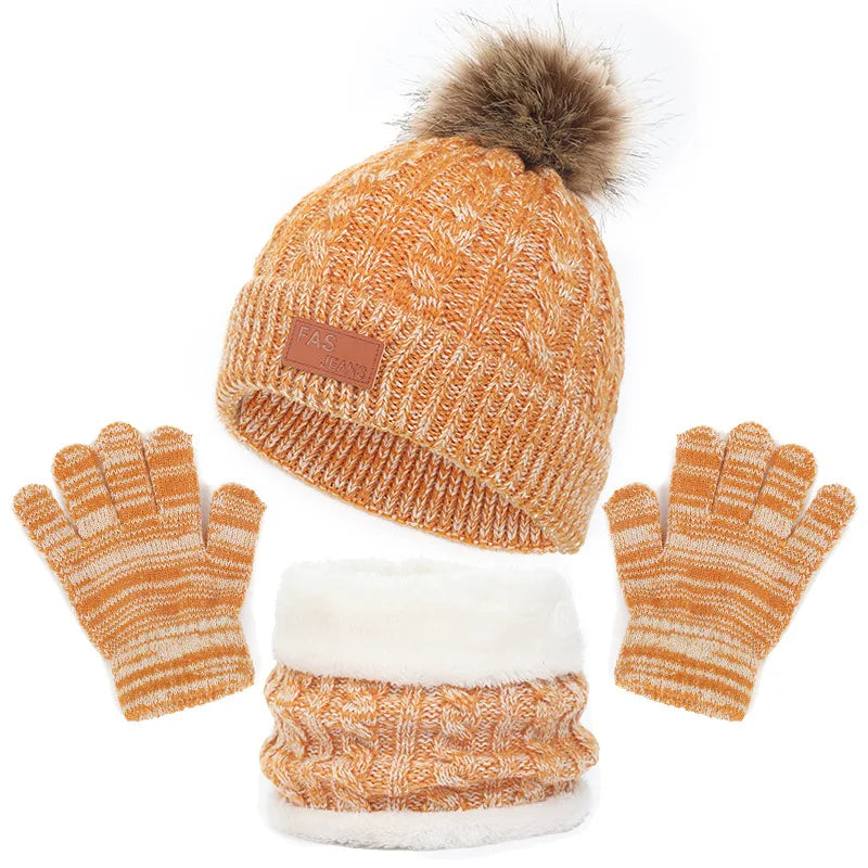 Unisex kids' winter gear: detailed view of the glove cuffs and scarf knit pattern.