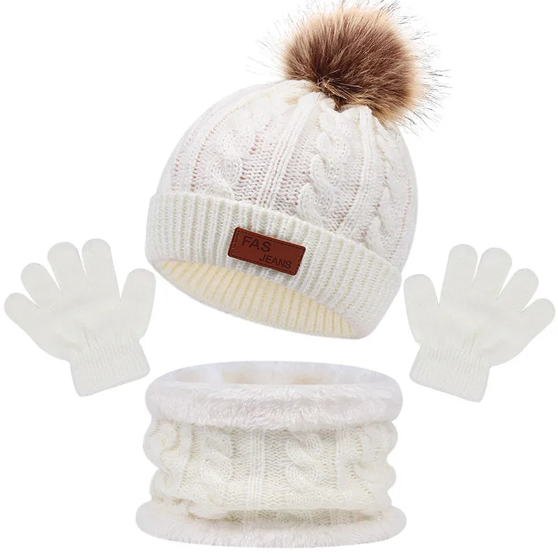 Baby accessories: unisex winter gear, a soft acrylic hat, scarf, and gloves set.