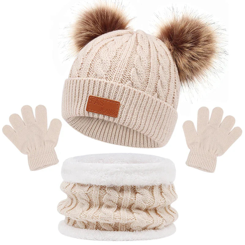 Children's cold weather set: solid color beanie, long scarf, and warm gloves for kids.