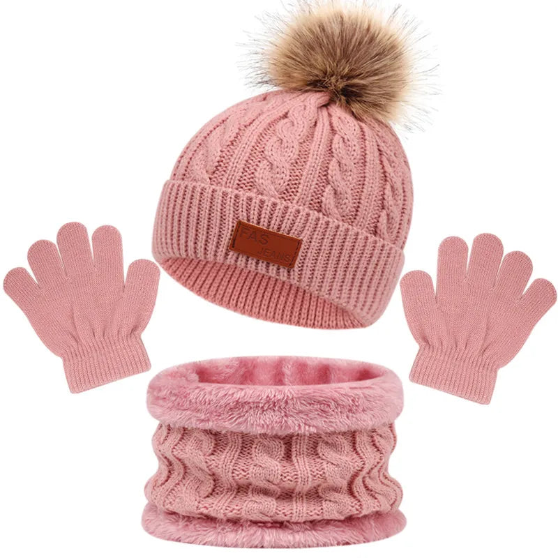 Baby hat scarf gloves set, showing the hat with a pom-pom, knitted for toddler warmth.
