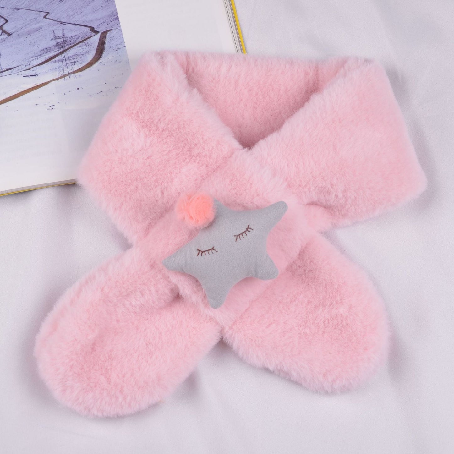 Grey cartoon plush scarf for kids, a neutral and warm winter accessory for boys and girls