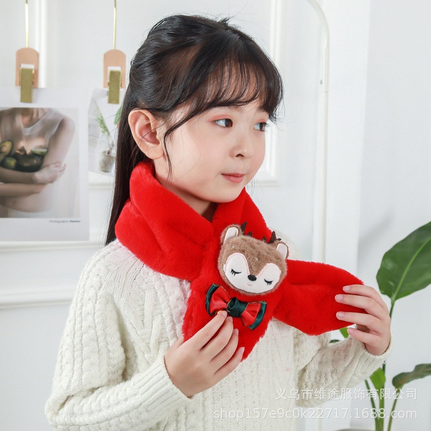 Green unisex kids winter cartoon plush scarf, providing warmth and comfort for little necks