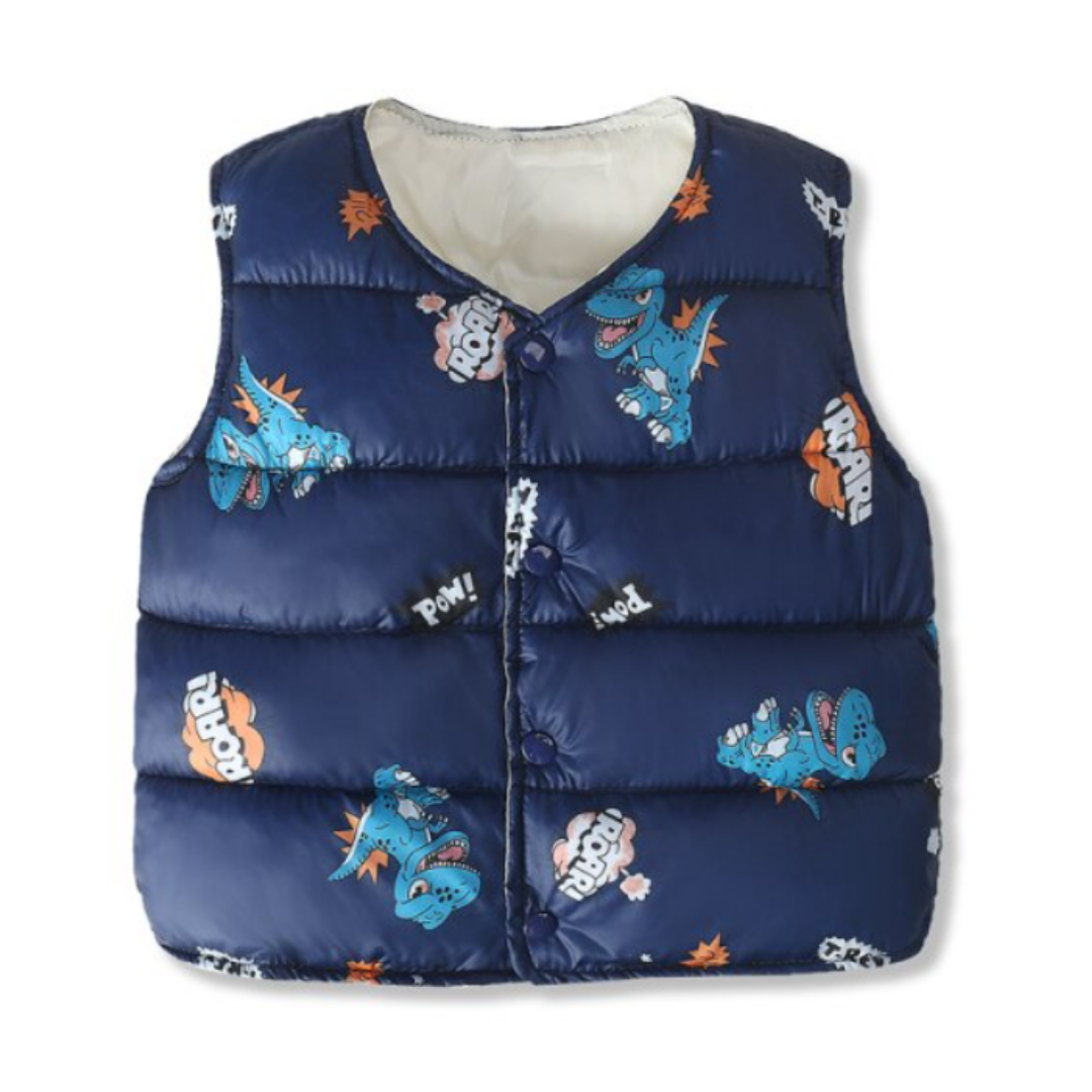 Unisex kids winter dinosaur puffer vest, green with spikes, for toddlers & infants