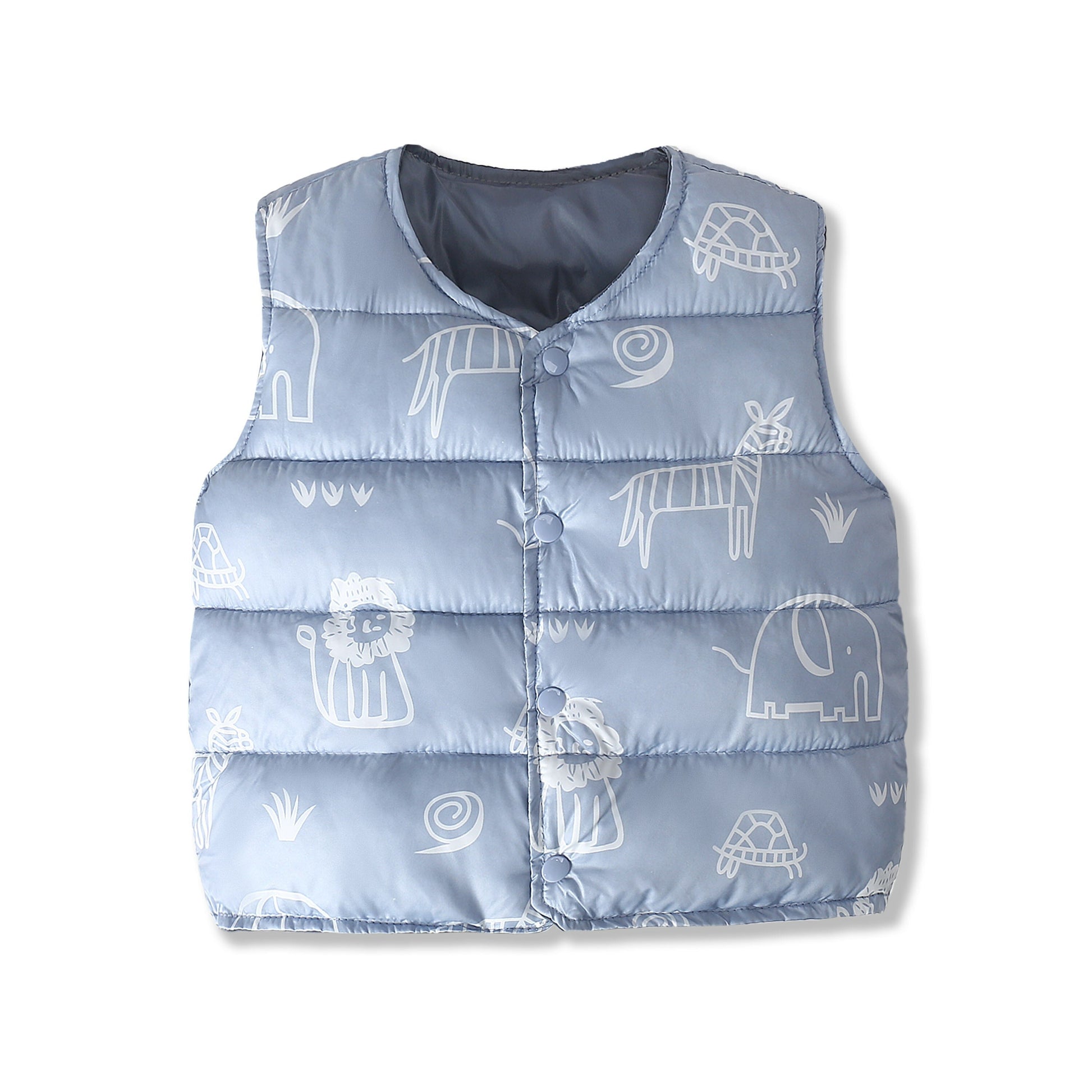 Full-body shot of a baby in a durable and cute dinosaur puffer vest, blue, cotton blend
