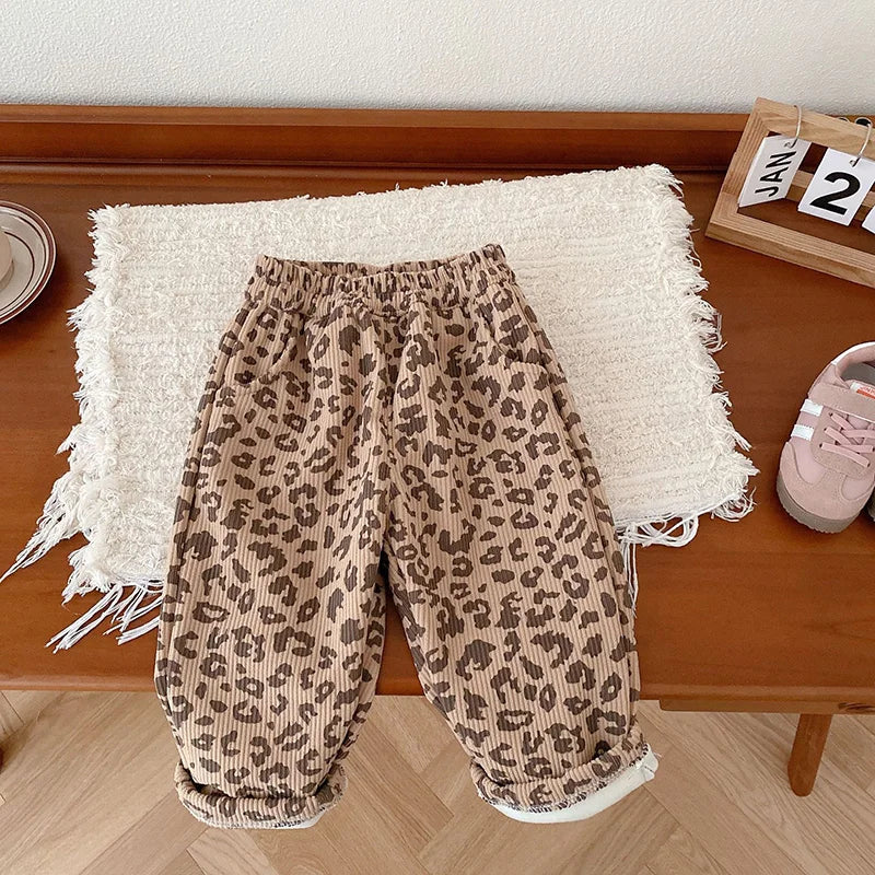Warm fur-lined toddler pants, unisex design, durable polyester winter bottoms for baby activities