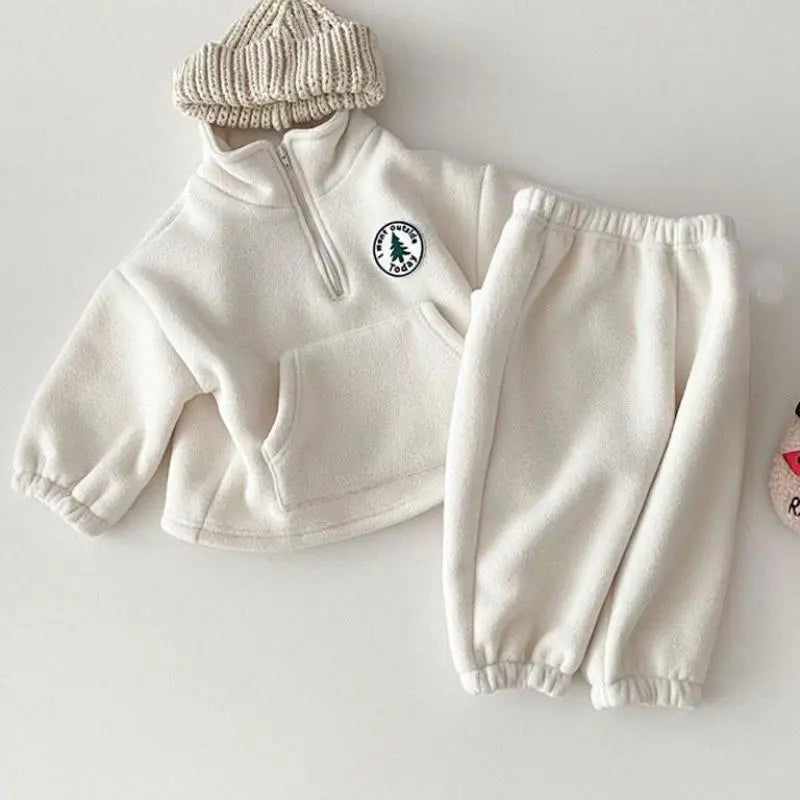 Unisex kids winter warm knit sweater and pants set, gray, cozy children's apparel.