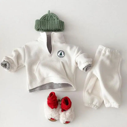 Comfortable knit children's apparel; gray unisex winter sweater and pant set.