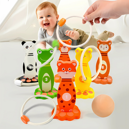 Unisex kids wooden animal bowling play set with 6 colorful animal pins and 2 balls, promoting motor skills and fun.