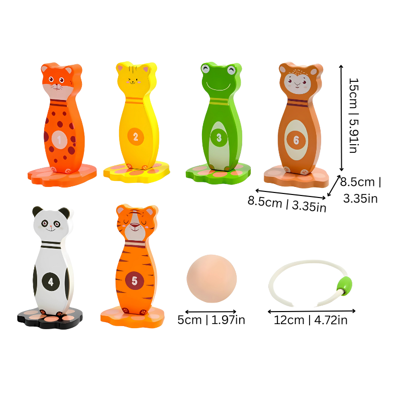 Wooden bowling set for kids, featuring charming animal pins, ideal for indoor/outdoor play and preschool learning.