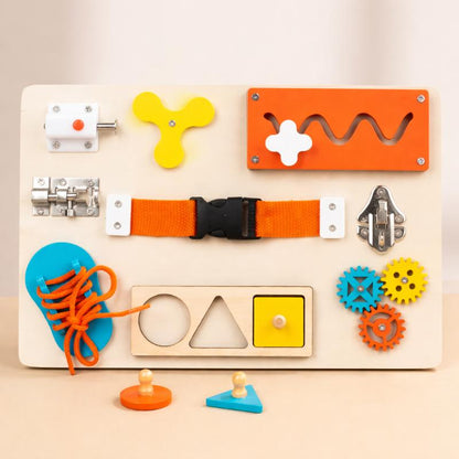 Unisex kids wooden busy board with latches, gears, and sensory activities for early learning