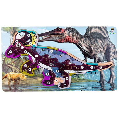 Colorful wooden dinosaur puzzle, develops hand-eye coordination in young children