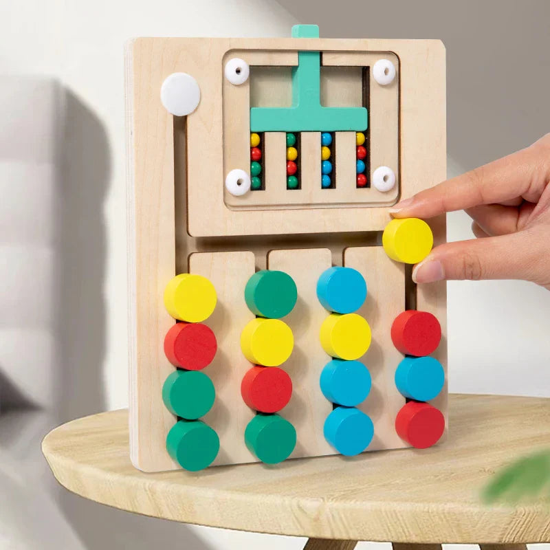 Close-up of a wooden sorting puzzle, showing detailed craftsmanship for kids' educational play