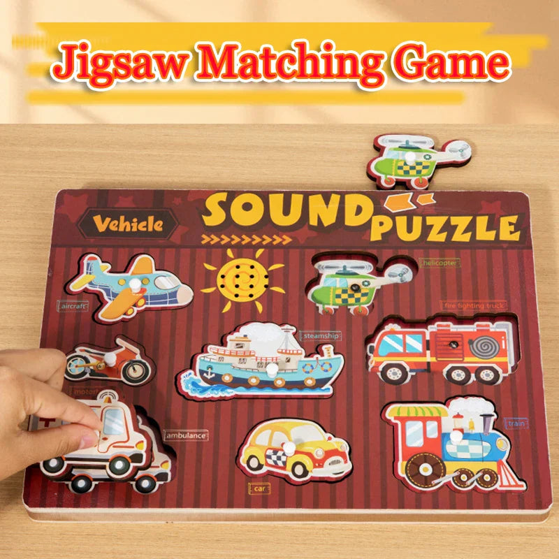 Close-up of a kids sound & shape matching puzzle, illustrating vibrant shapes for educational play