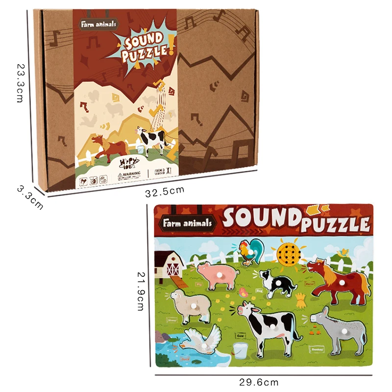 Vibrantly colored kids wooden puzzle, sound & shape matching game, promoting cognitive skills