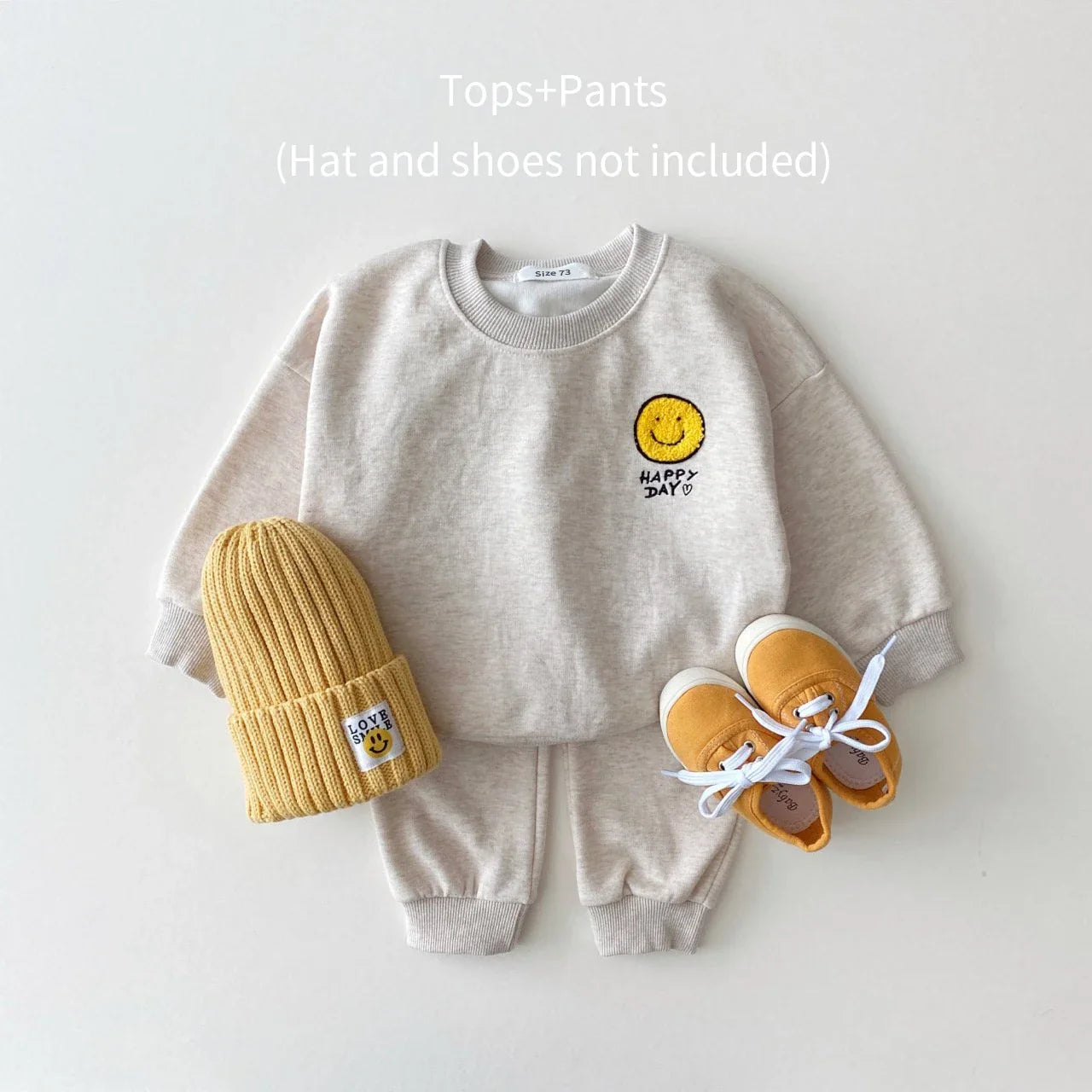 Spring autumn unisex kids outfit: yellow cotton hoodie and pant set with a smiley face