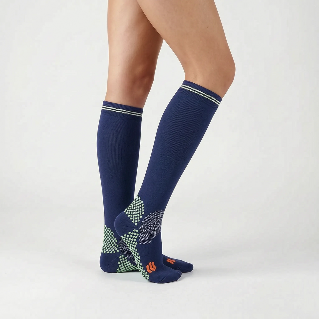 Knee-high compression socks, designed for athletes, offering superior leg support & comfort.