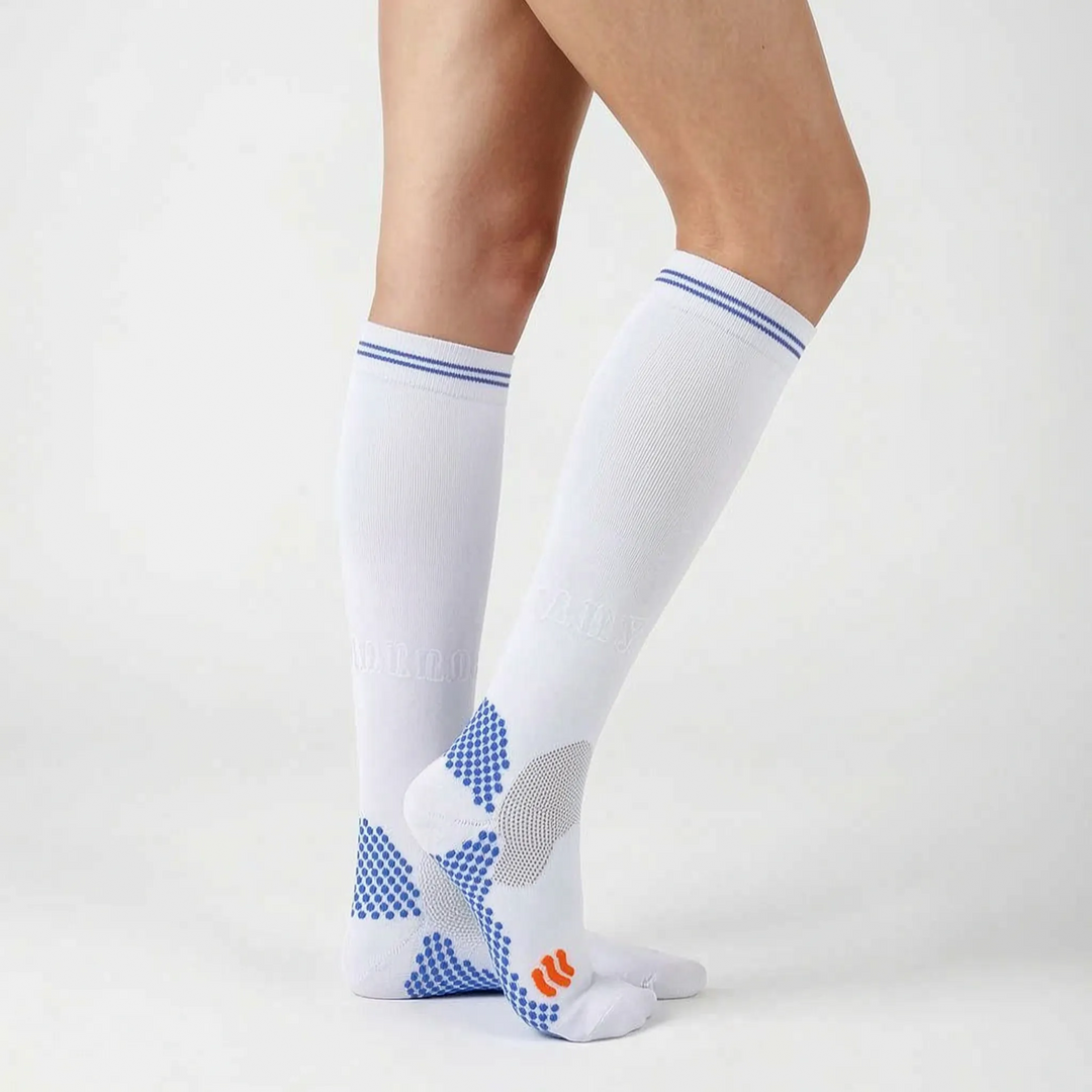 Athletic performance socks, knee-high, offering firm compression and excellent leg support.
