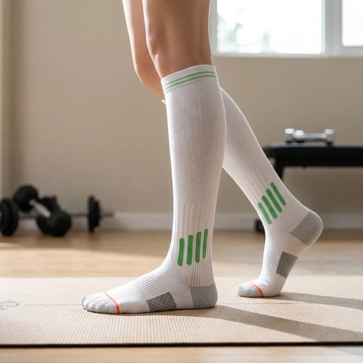 Unisex knee-high white sports socks, ideal for running, training & fitness.
