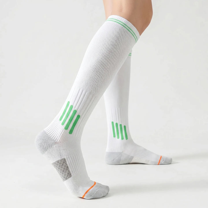 Performance athletic compression socks, unisex, knee-high design for activewear.