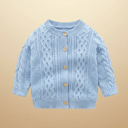 Knitted children's cardigan, comfortable and stylish for toddlers and young kids.