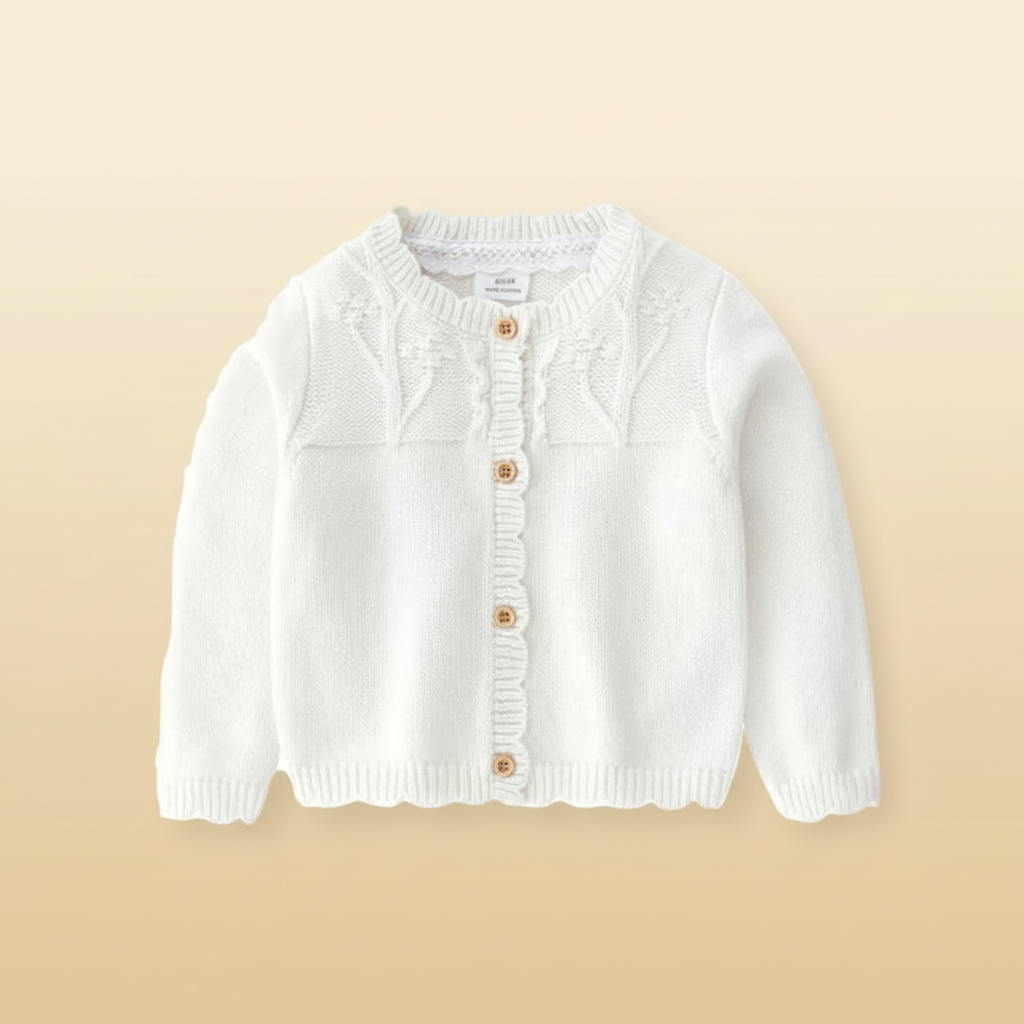 Kids long sleeve knitted cardigan, excellent for layering over any outfit.