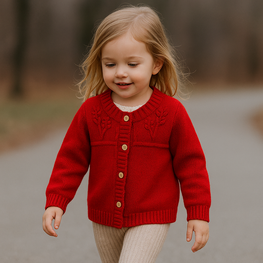 Toddler's cozy button-up knitted cardigan in a vibrant color, perfect for layering.