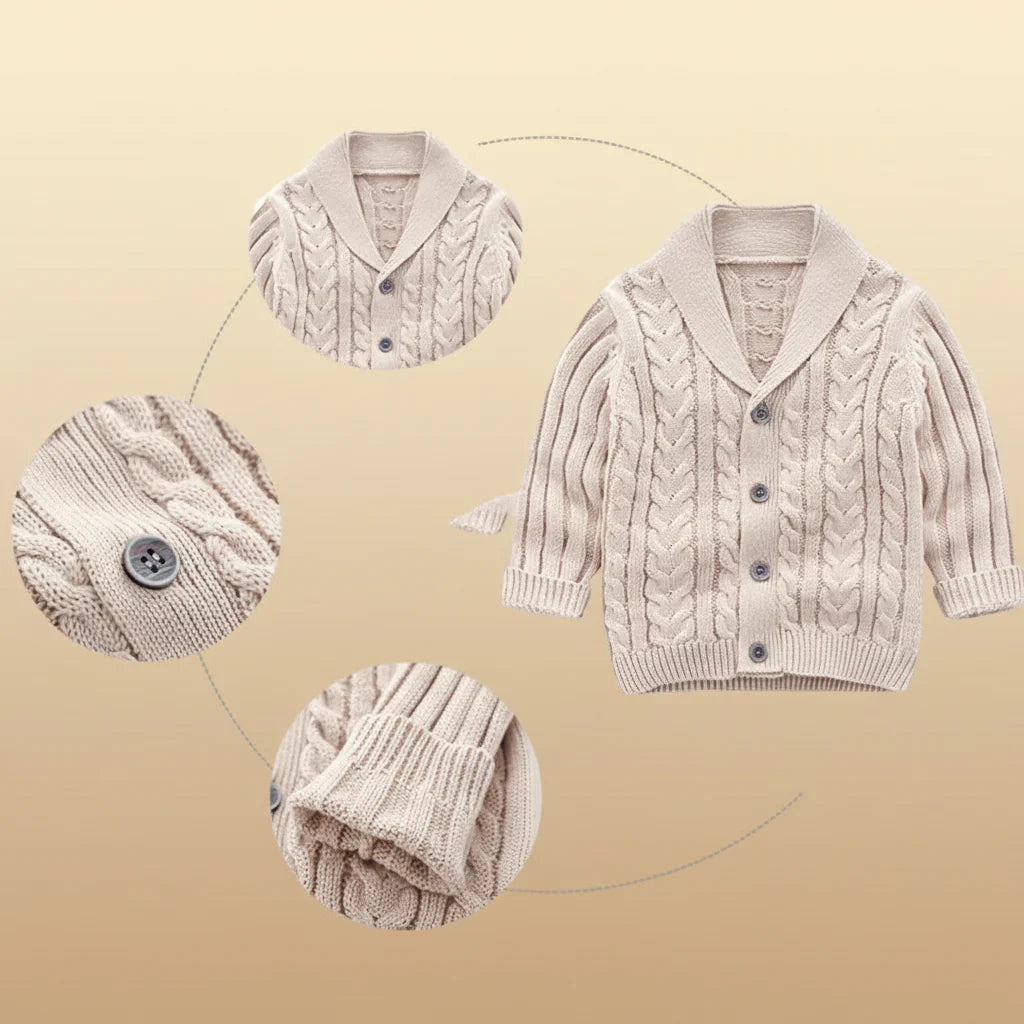Baby's warm cotton blend knitted cardigan, gentle on skin, easy to wear.