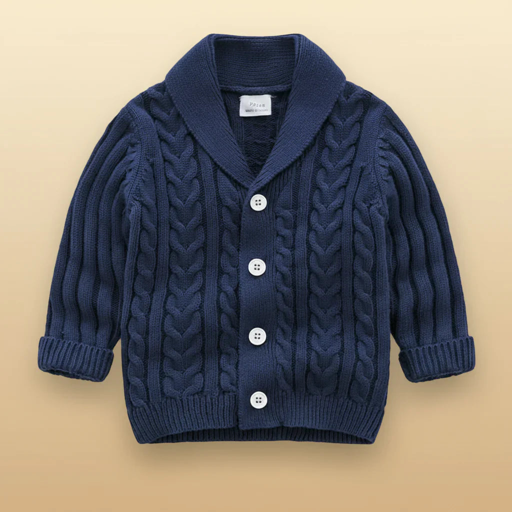 Knitted long sleeve cardigan for children, stylish and practical baby clothing.