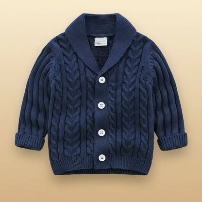 Knitted long sleeve cardigan for children, stylish and practical baby clothing.