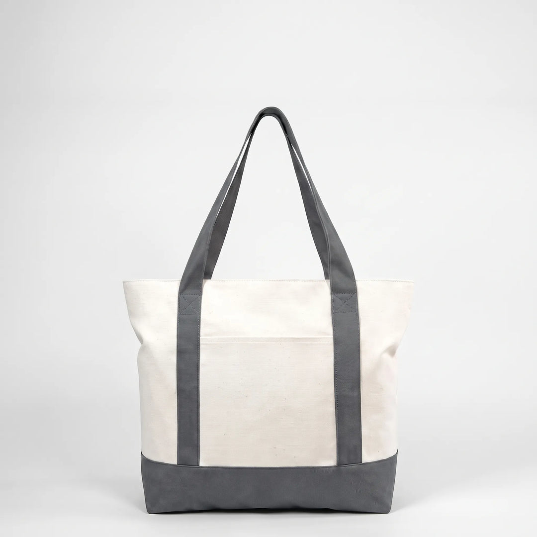 Large zip market tote bag, durable & spacious, for groceries or daily essentials. Shoulder straps.