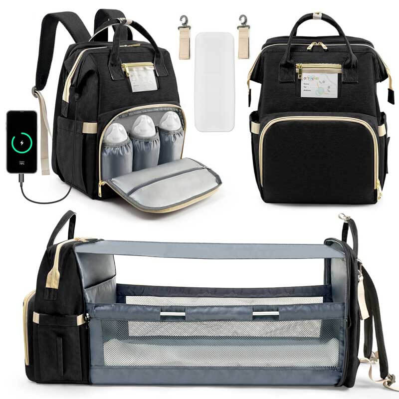 Unisex large capacity diaper backpack organizer, grey, with multiple compartments for baby essentials.