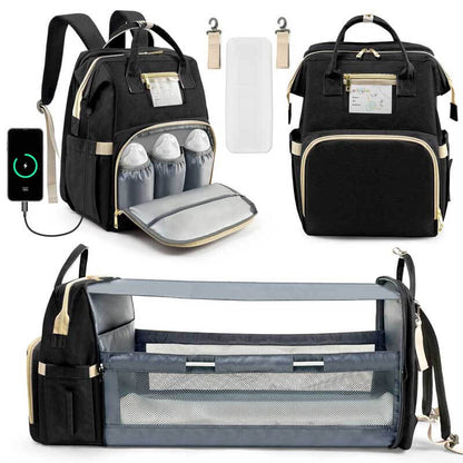 Unisex large capacity diaper backpack organizer, grey, with multiple compartments for baby essentials.