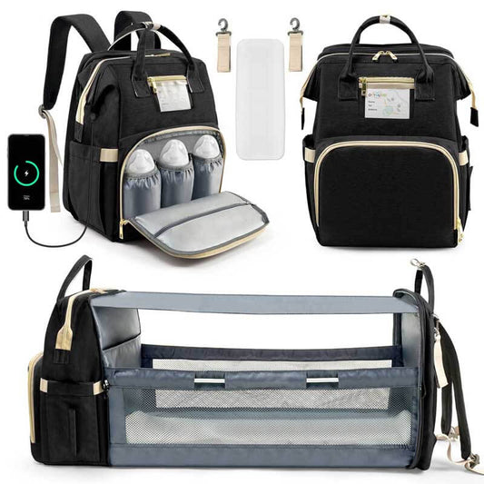 Unisex large capacity diaper backpack organizer, grey, with multiple compartments for baby essentials.