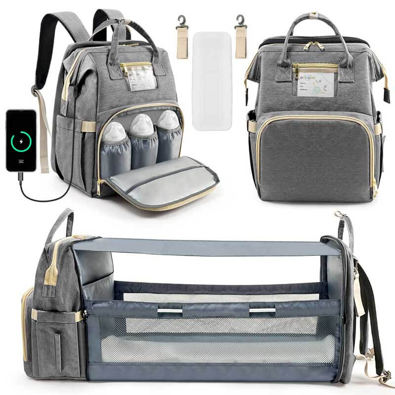 Modern unisex diaper bag in a neutral color, perfect for organizing all baby essentials.