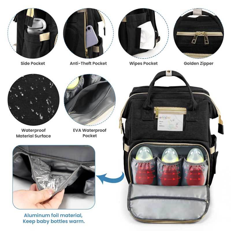 Unisex gray diaper backpack organizer, showing side view with easy-access wipes dispenser.