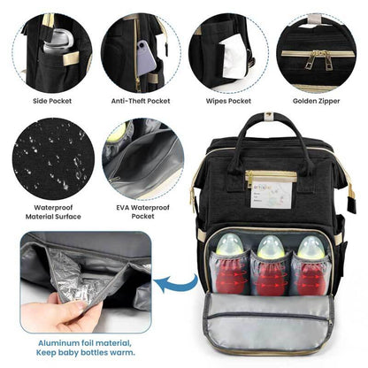 Unisex gray diaper backpack organizer, showing side view with easy-access wipes dispenser.
