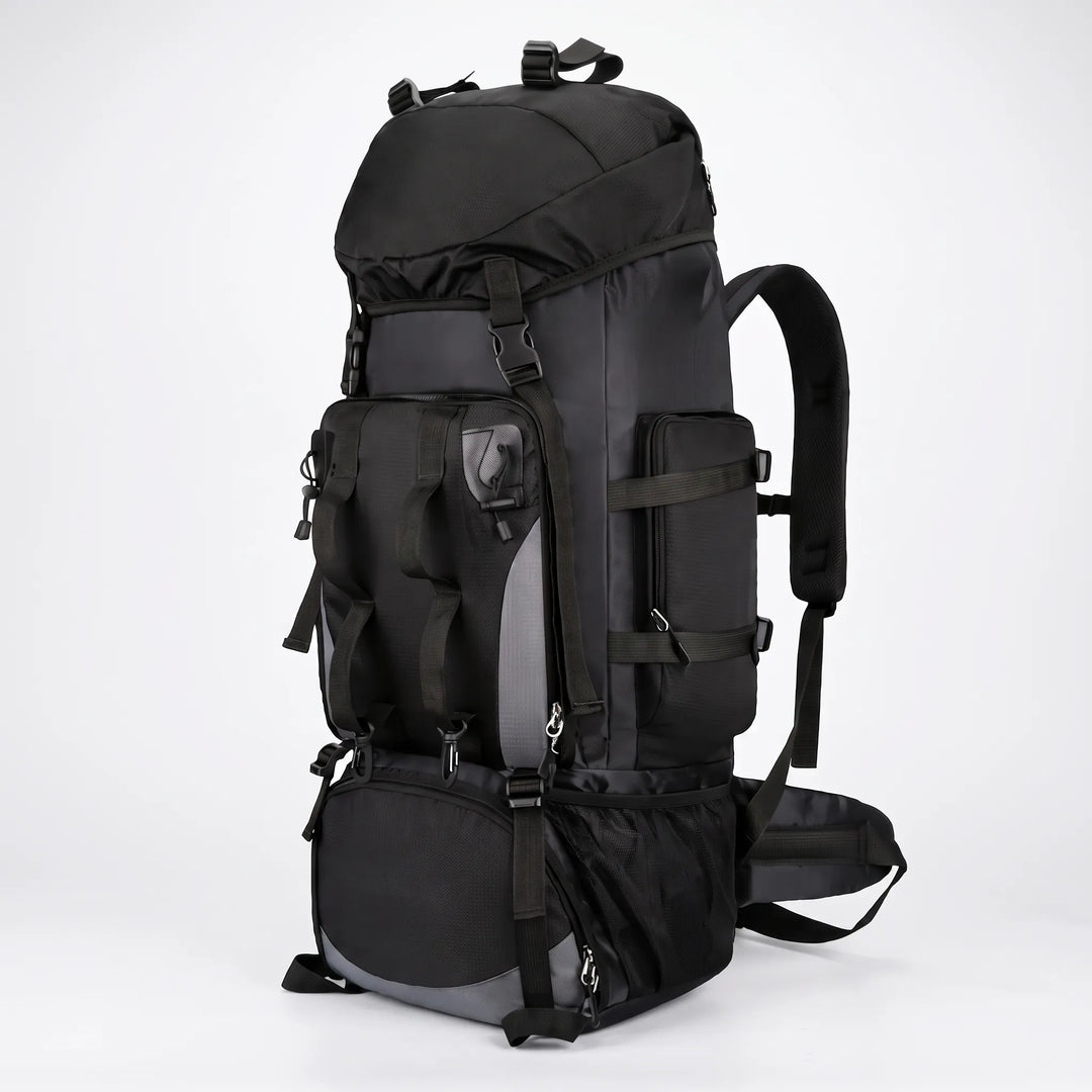 Front view: spacious unisex hiking backpack with multiple compartments & durable material for outdoor adventures.