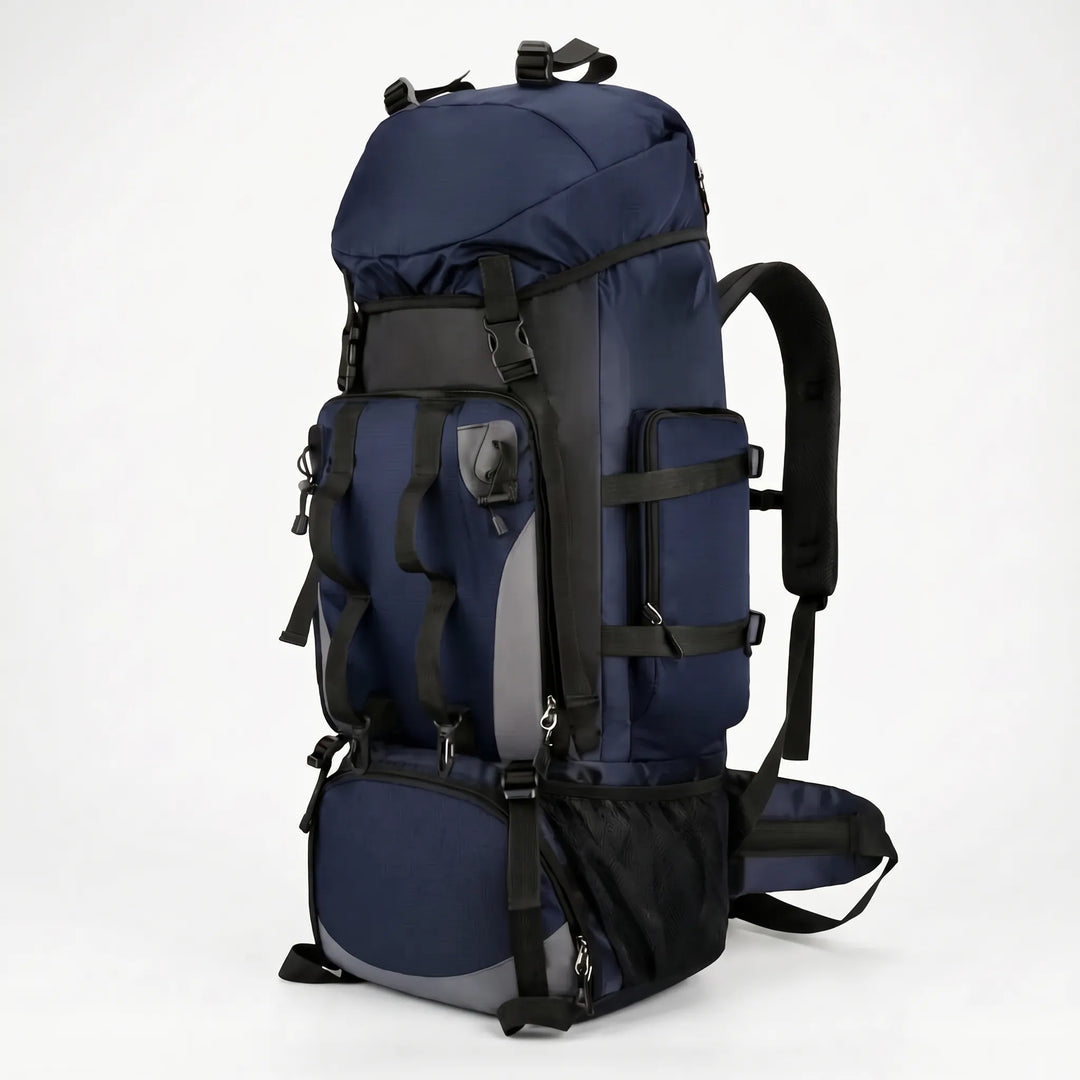 Rear view of a large capacity hiking backpack, showing ergonomic design & padded back for comfortable outdoor travel.