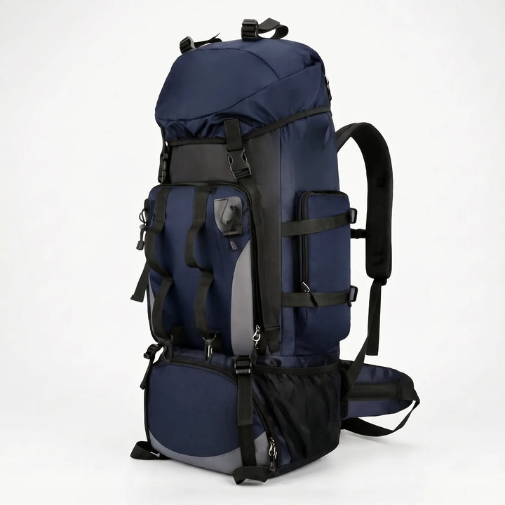 Rear view of a large capacity hiking backpack, showing ergonomic design & padded back for comfortable outdoor travel.