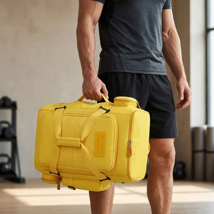 Unisex large capacity travel backpack for gym & airport, with a luggage sleeve & wet dry pocket. Durable nylon.