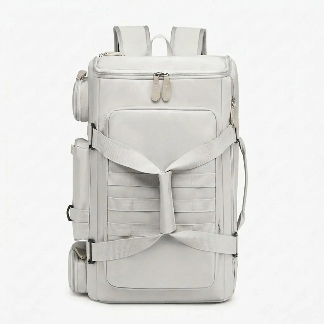 Spacious unisex travel backpack for gym & airport. Features multiple compartments and a wet dry pocket for convenience.