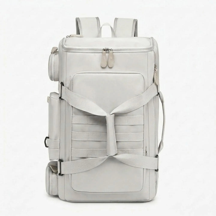 Spacious unisex travel backpack for gym & airport. Features multiple compartments and a wet dry pocket for convenience.