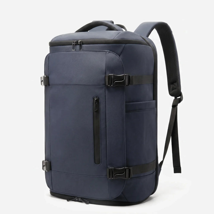 Interior view of multi-compartment travel backpack, showing organized pockets for laptop, daily essentials, and gym gear.