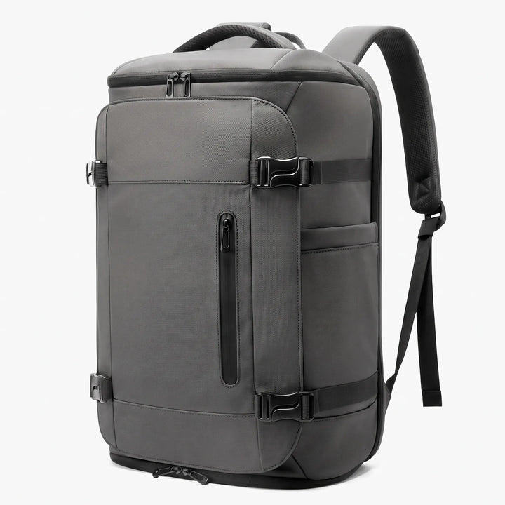Dedicated laptop compartment in a large capacity travel backpack for safe and organized tech carry during commutes and trips.