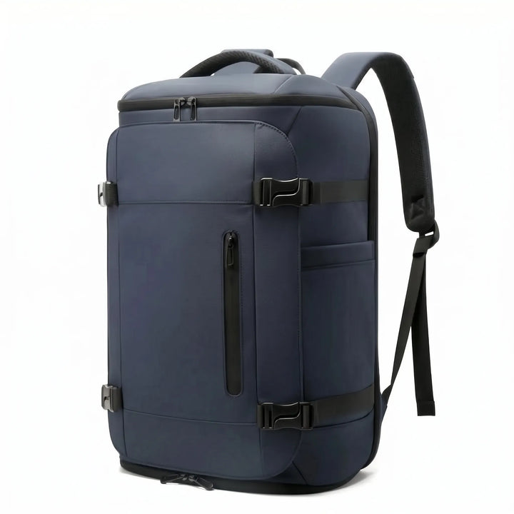 Ergonomic back panel and padded straps on a unisex travel backpack, ensuring comfortable daily carry for commutes & trips.