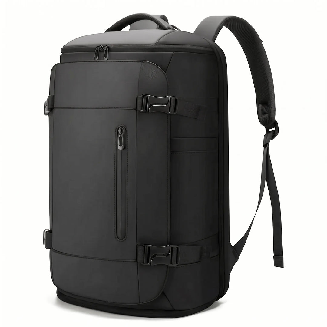 Side view of large capacity travel backpack, expanded for weekend trips or gym, with water bottle pocket and ample storage.