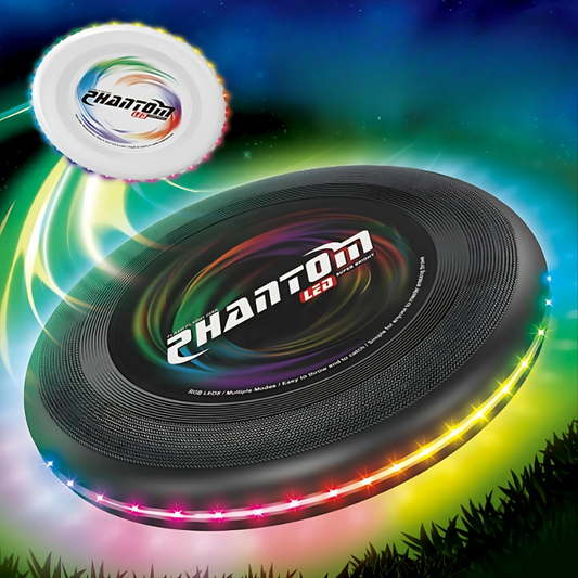 Unisex LED light-up flying disc toy glowing vibrant colors during an evening outdoor game.