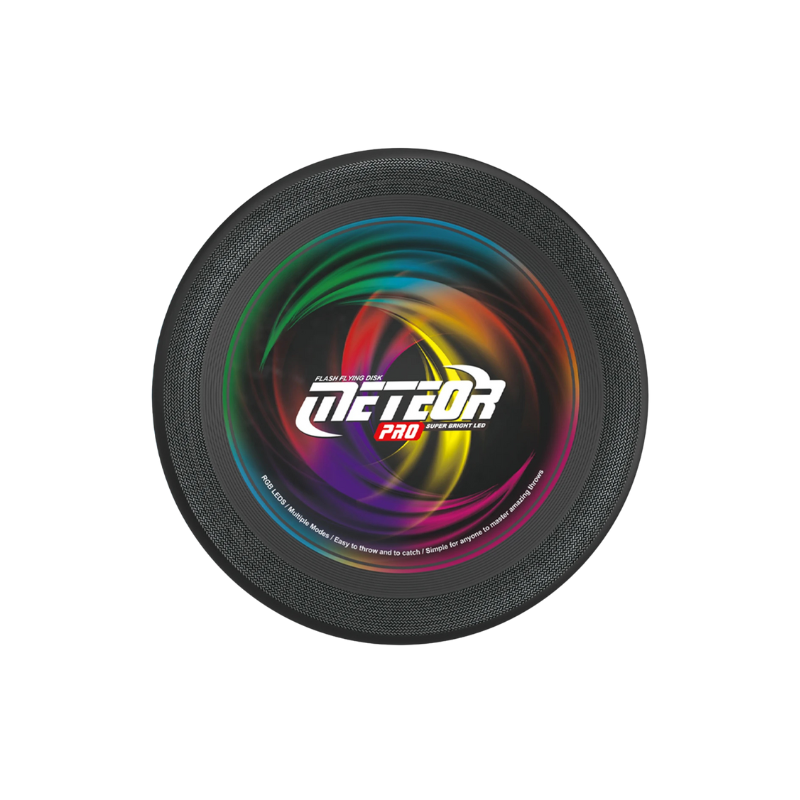 Close-up of a colorful LED light-up flying disc toy, showcasing its bright glow for night games.
