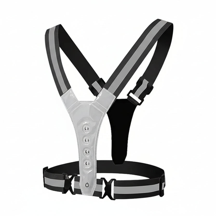 Rechargeable LED reflective vest for continuous night safety during runs, rides, & walks.